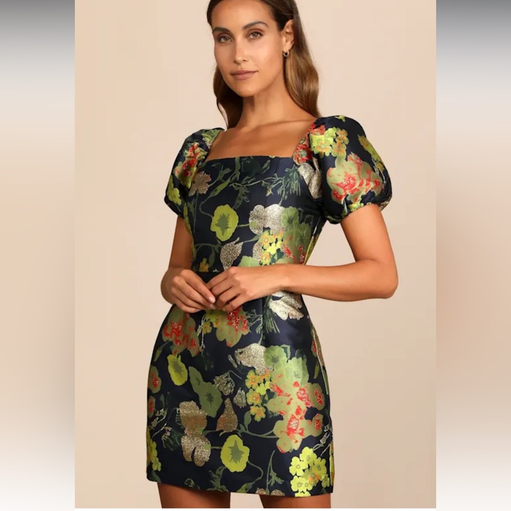 Lulus NavyBlue Metallic So Stunning Floral Jacquard Puff Sleeve MiniDress NWOT S
